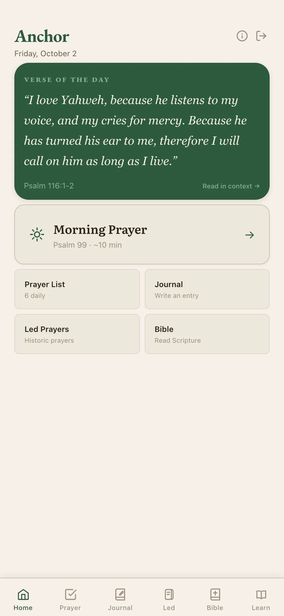 Anchor home screen with the Verse of the Day and Morning Prayer
