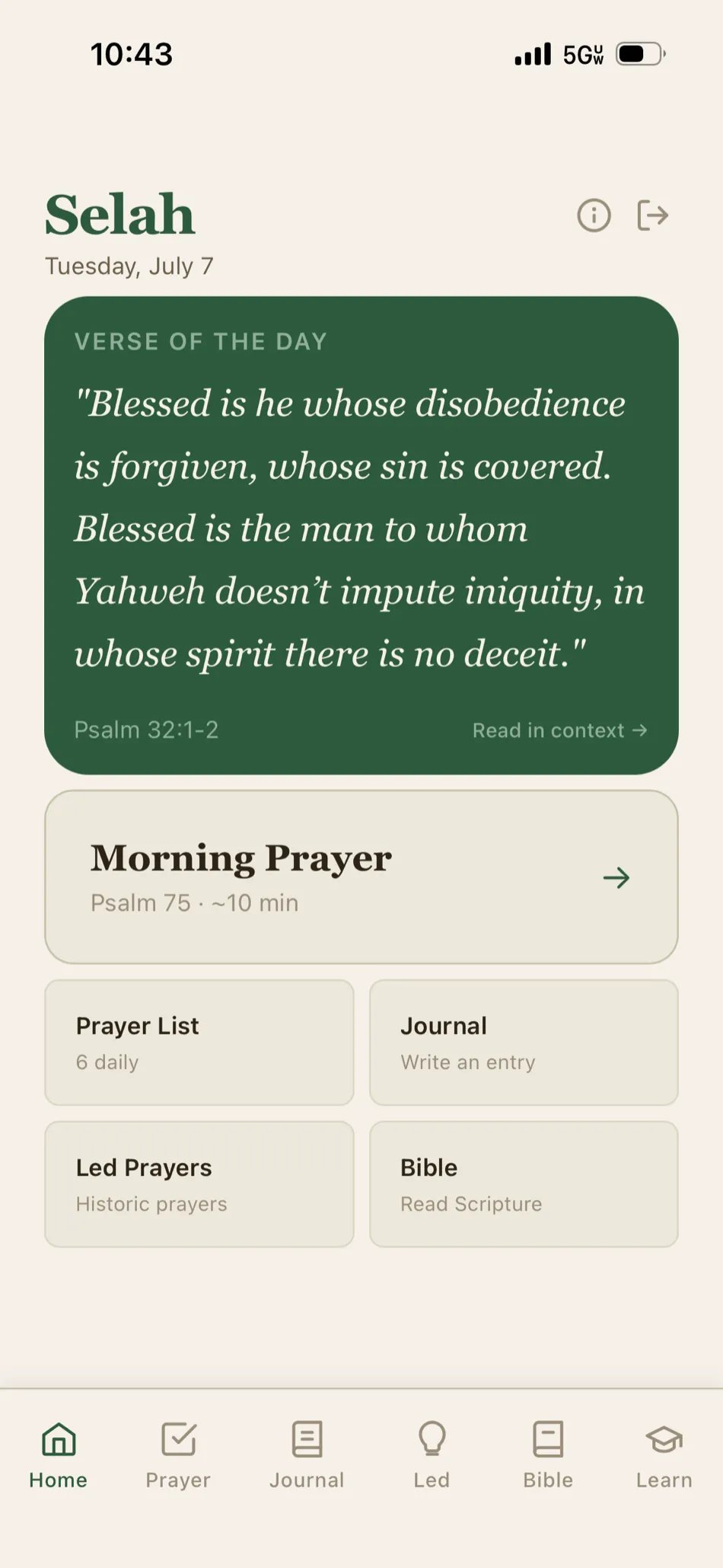 Selah home screen with Verse of the Day and Morning Prayer
