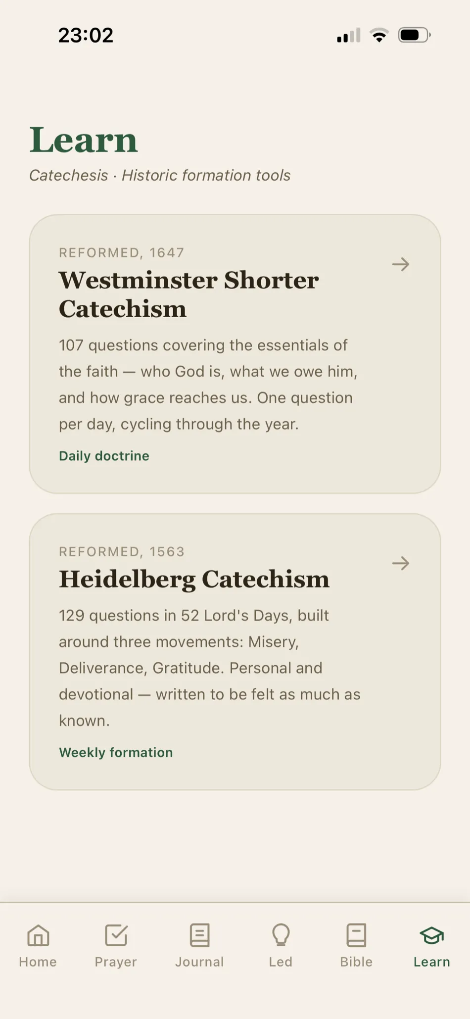 Selah Learn screen featuring the Westminster Shorter Catechism and Heidelberg Catechism