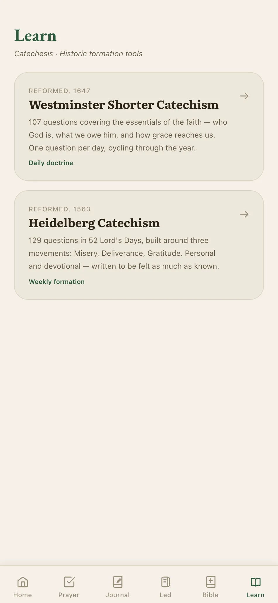 Anchor Learn screen featuring the Westminster Shorter Catechism and Heidelberg Catechism
