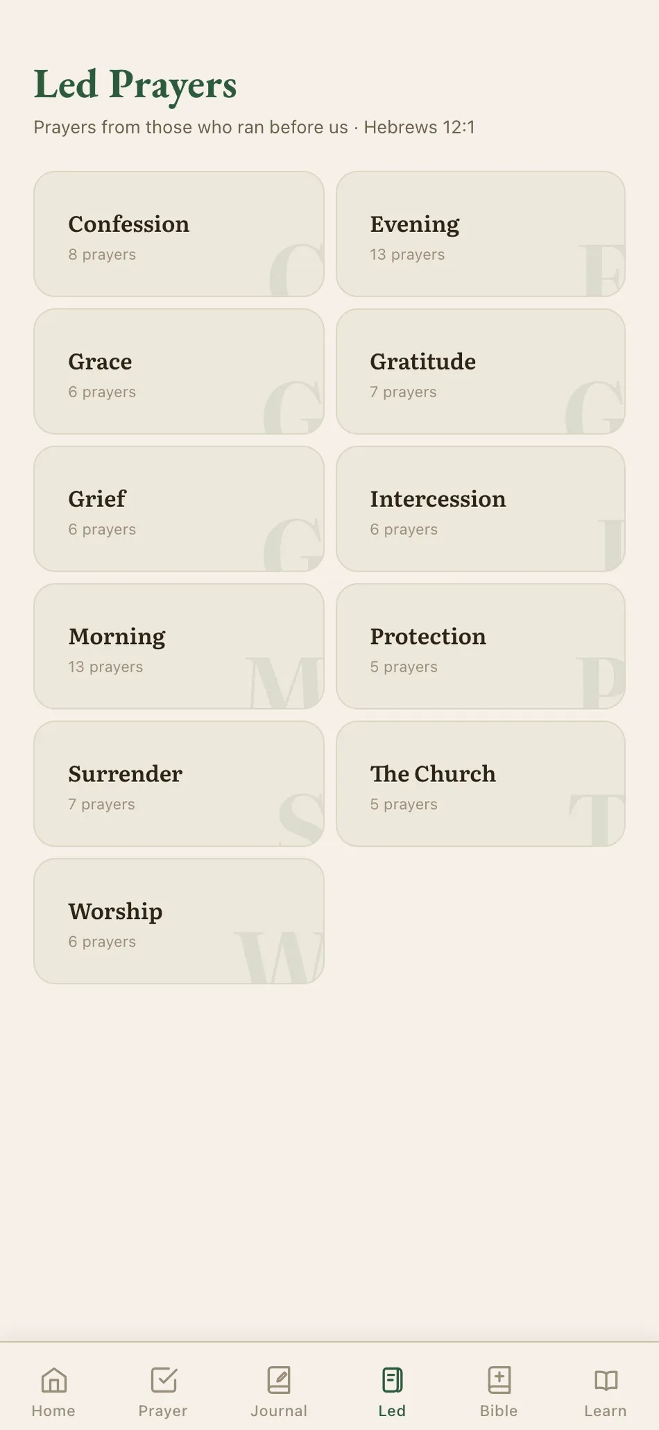 Anchor Led Prayers screen with categories like Confession, Grace, and Worship