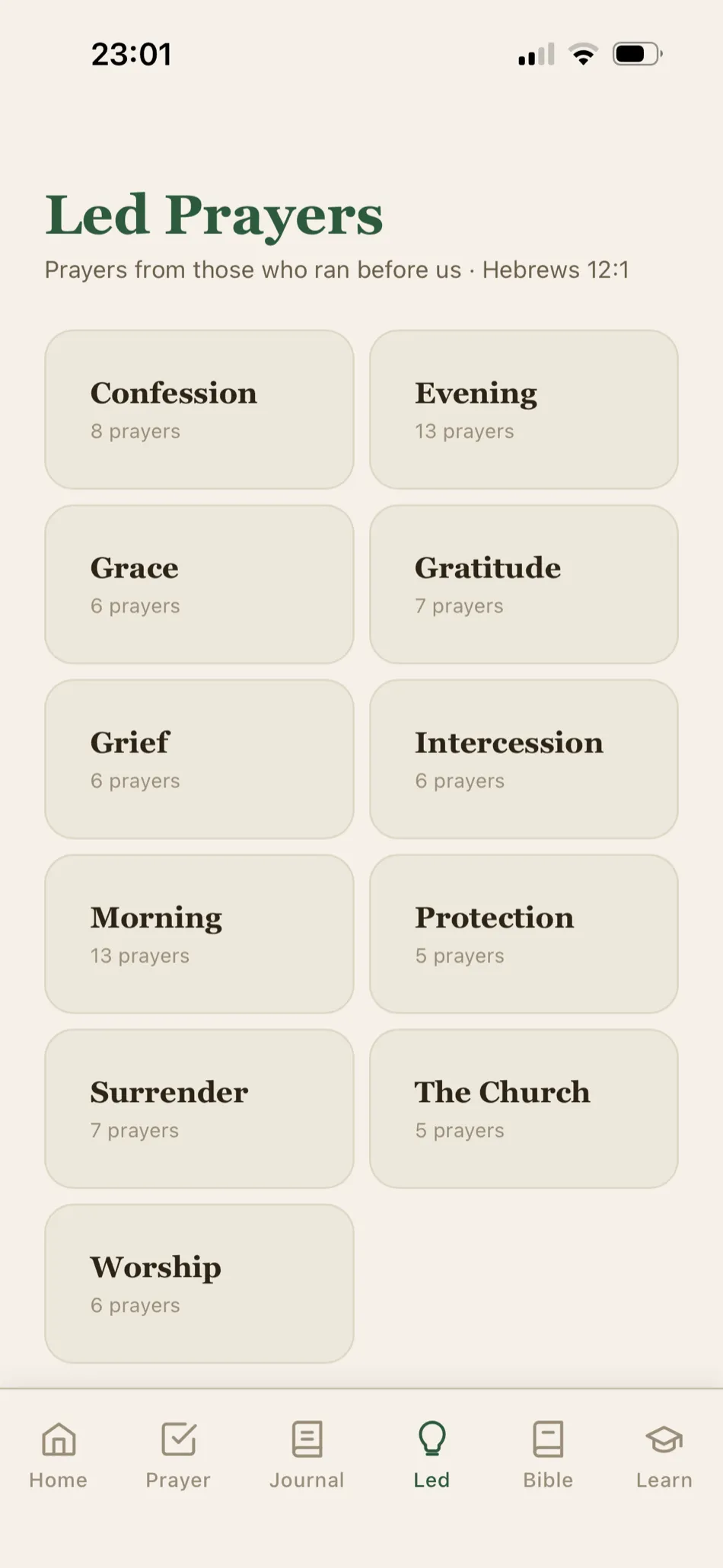 Selah Led Prayers screen with categories like Confession, Grace, and Worship